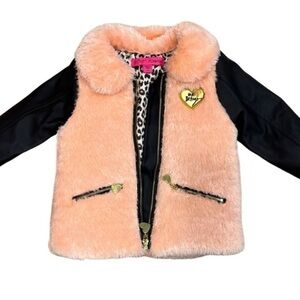 Betsey Johnson Fuzzy Sparkly Peach Coat with Faux Leather Sleeves